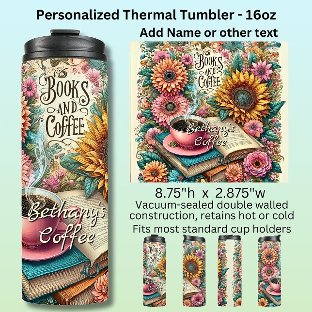 Name, Bücher & Kaffee mit Blumen Thermosbecher (Von Creator hochgeladen)