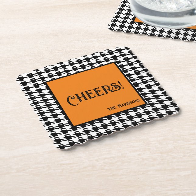 Name & Cheers! Orange Black White Houndstooth  Untersetzer (angewinkelt)