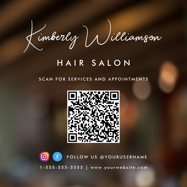 Name Chic Signature Script QR Code Fensteraufkleber (Elevate your business with a custom logo, QR code and social media window cling sign)