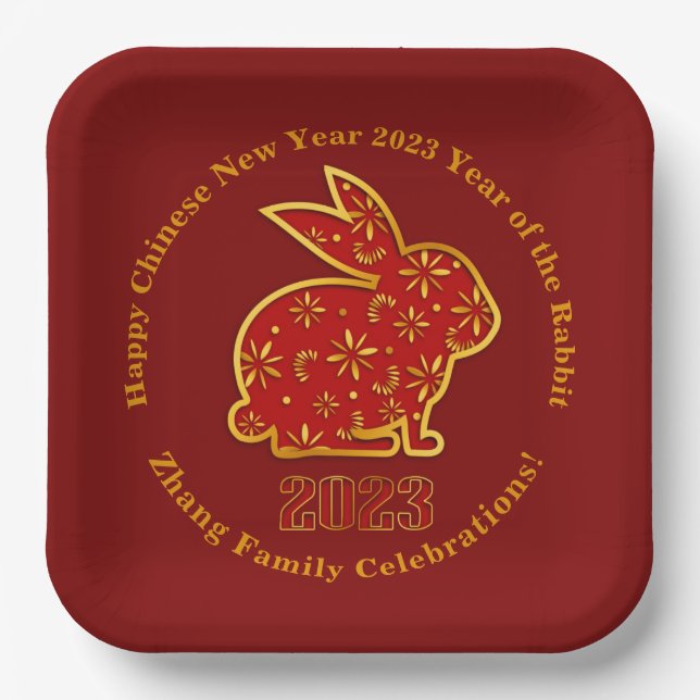 Name Chinesisches Neujahr 2023 Rabbit Red Gold 9" Pappteller (Vorderseite)