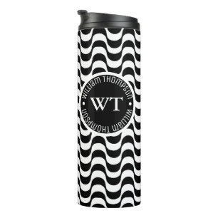 Name Circle Monogram Black Waves Thermosbecher