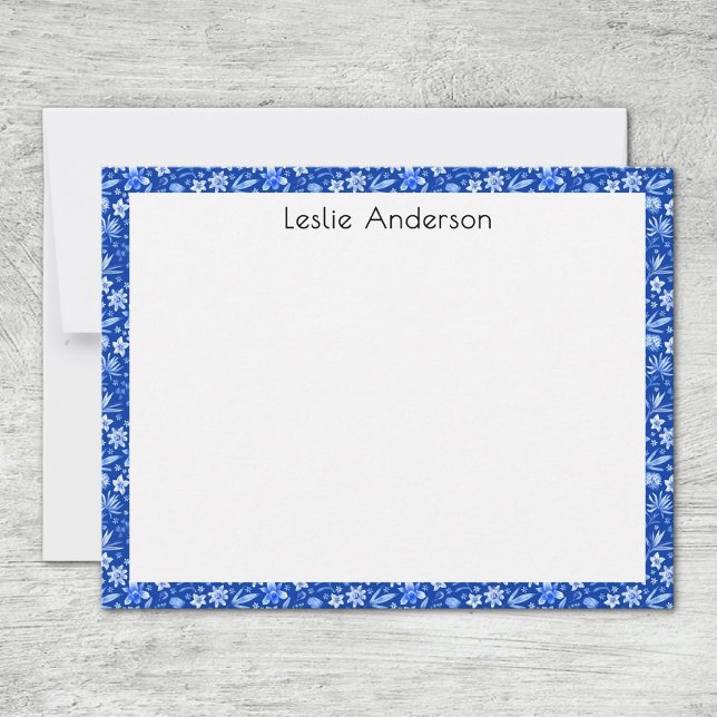 Name, Cobalt Blue Tropical Leaves & Flowers Frame Mitteilungskarte (Von Creator hochgeladen)
