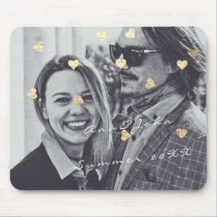 Name Couple Foto Travel Gift Confetti Hearts Gold Mousepad