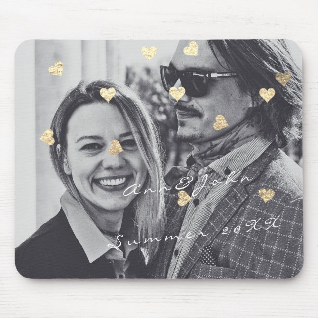 Name Couple Foto Travel Gift Confetti Hearts Gold Mousepad (Vorne)