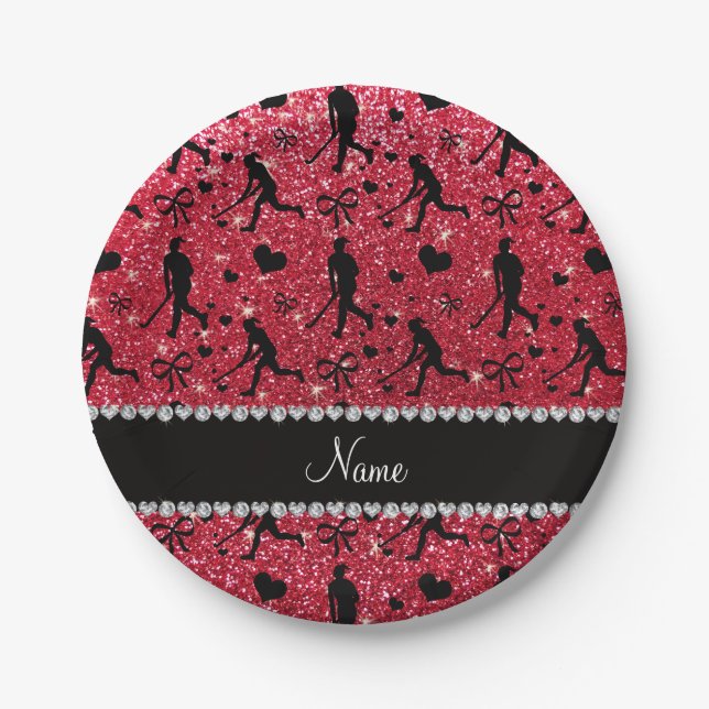 Name Crimson Red Glitzer Feld Hockey Herzen Bug Pappteller (Vorderseite)