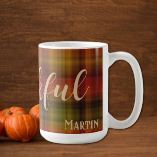 Name & Dankbar für Kariertes Muster 15oz Herbstlic Kaffeetasse