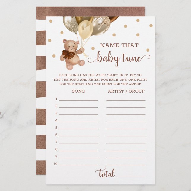 Name, dass Baby Tune Game Baby Dusche Teddy Bear (Vorne/Hinten)