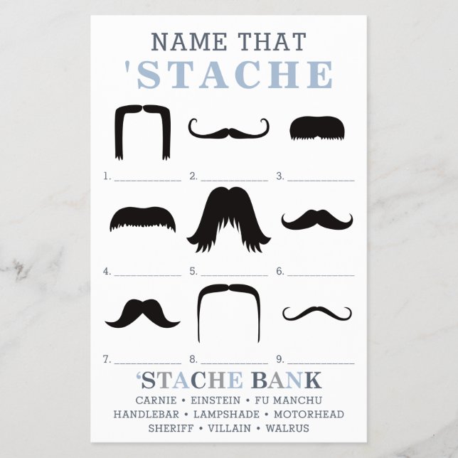 Name, dass Mustache Game, blau, grau Flyer (Vorne)