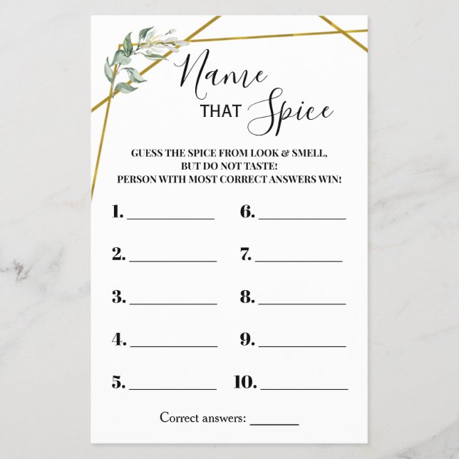 Name, dass Spice Greenery Gold Shower Spielkarte Flyer (Vorne)