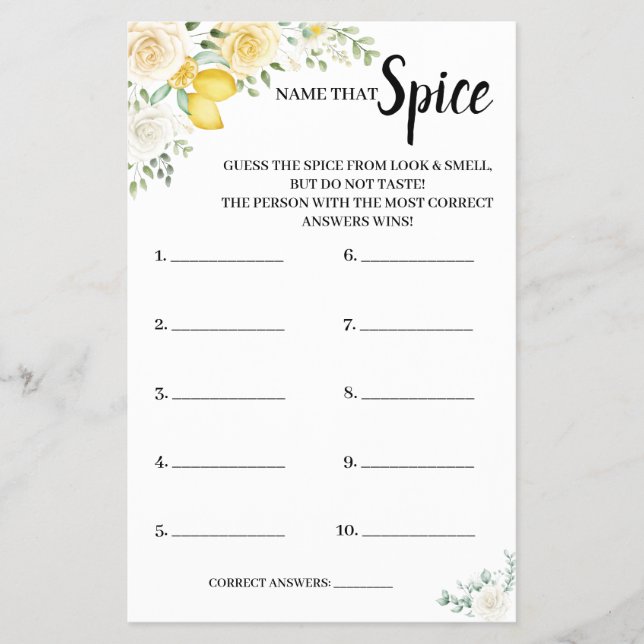 Name, dass Spice Lemon&Rose BridalShower Game Card Flyer (Vorne)