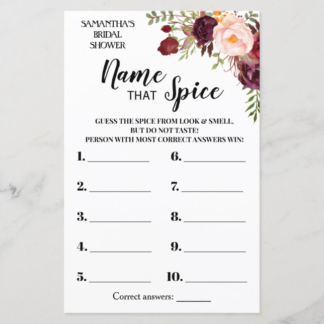Name, dass Spice Marsala Blume Brautparty Game (Vorderseite)