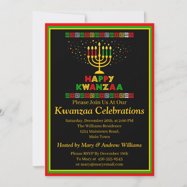 Name Datum Details Kwanzaa Candles Stars Party hin Einladung (Vorderseite)