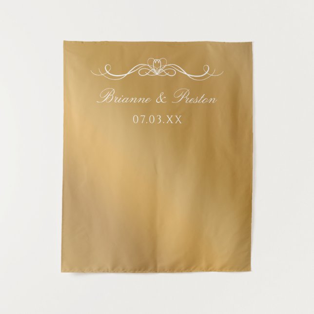 Name & Datum Elegante Goldene Gradient-Hochzeitsku Wandteppich (Vorderseite)