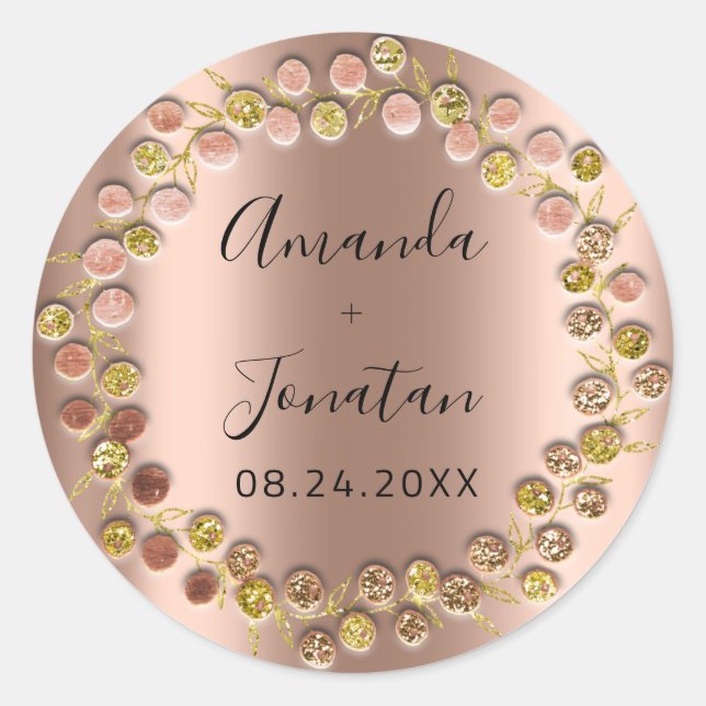 Name Datum Rose Gold Wreath Wedding Blush Runder Aufkleber (Vorderseite)
