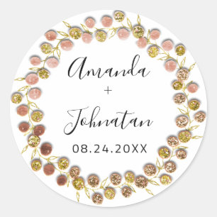 Name Datum Rose Gold Wreath Wedding Bridal Runder Aufkleber