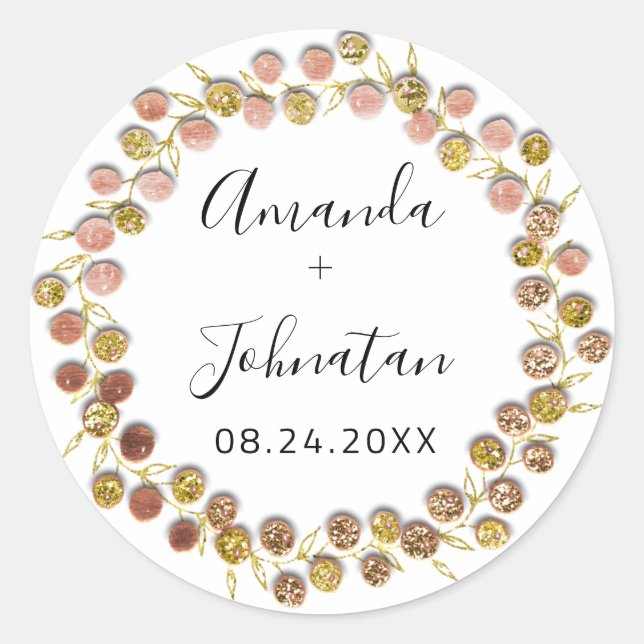 Name Datum Rose Gold Wreath Wedding Bridal Runder Aufkleber (Vorderseite)