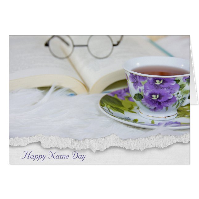 Name Day pansy tea cup auf Pelz (Vorderseite (Horizontal))