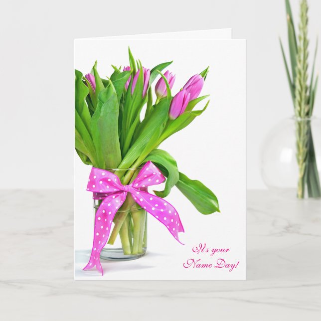 Name Day-pink-Tulpenbouquet Karte (Vorderseite)