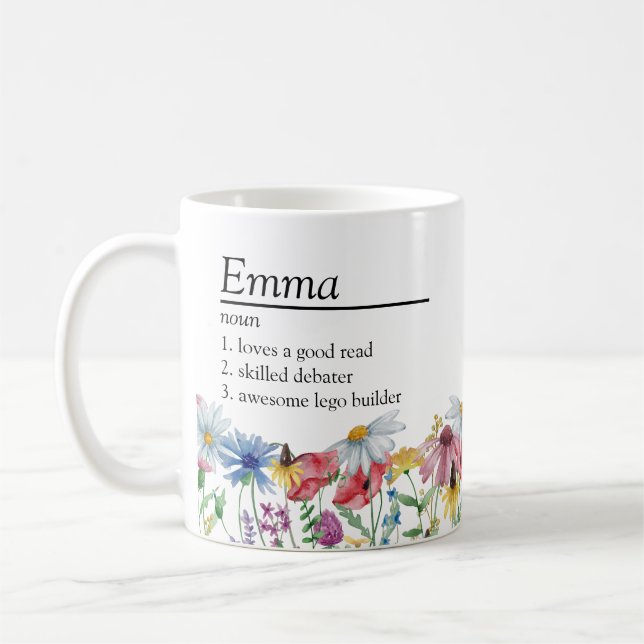 Name Definition mit ländlicher Wildblumen-Rand Kaffeetasse (Links)