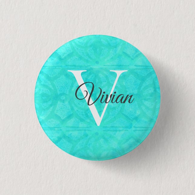 Name der Aqua Blue Watercolor Monogram Button (Vorderseite)