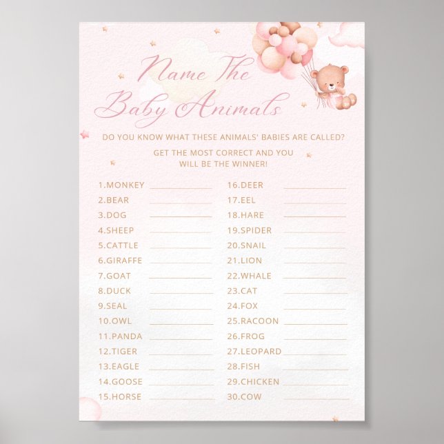 Name der Babytiere boho teddy Bären Babydusche Poster (Vorne)