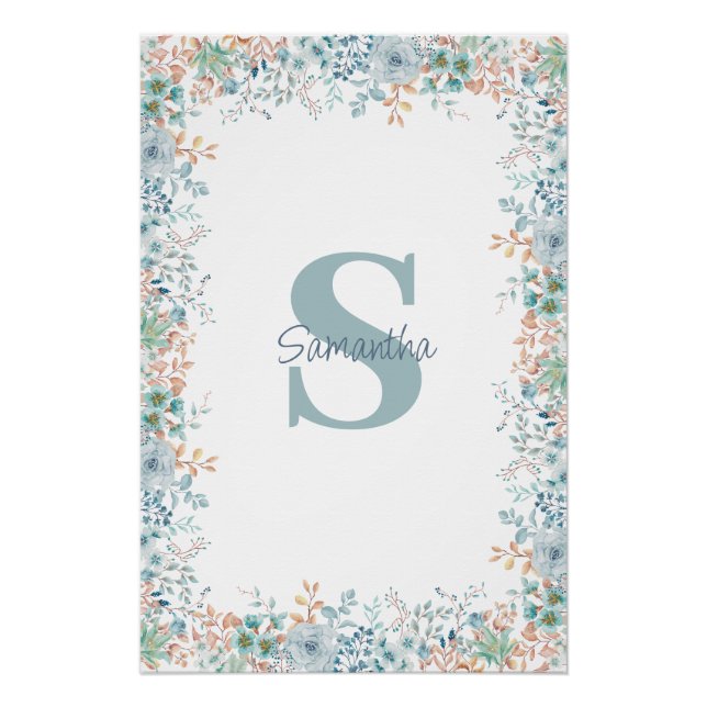 Name der blauen Floral Monogramm Poster (Vorderseite)