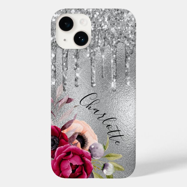 Name der Blumenfloralen des Silver Glitzer Tropfen Case-Mate iPhone Hülle (Rückseite)