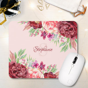 Name der Borgundy Blush Floral Monogramm Mousepad