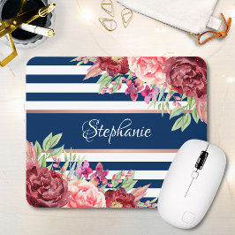 Name der Borgundy Floral Navy Stripes Monogramm Mousepad