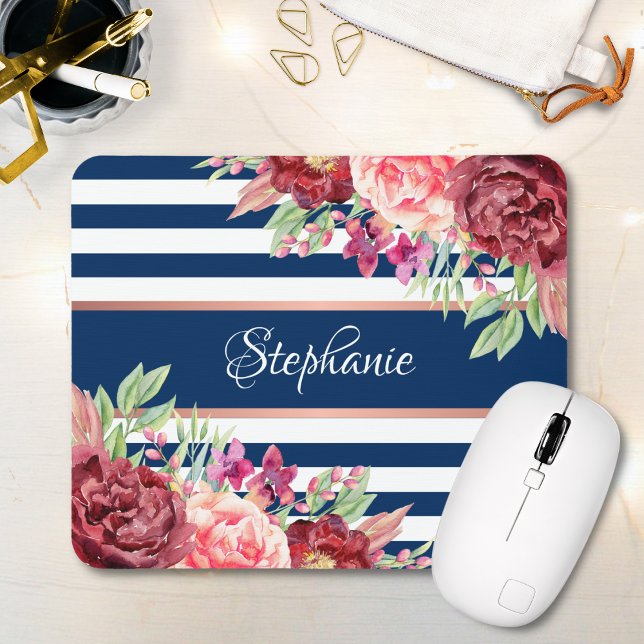 Name der Borgundy Floral Navy Stripes Monogramm Mousepad (Von Creator hochgeladen)