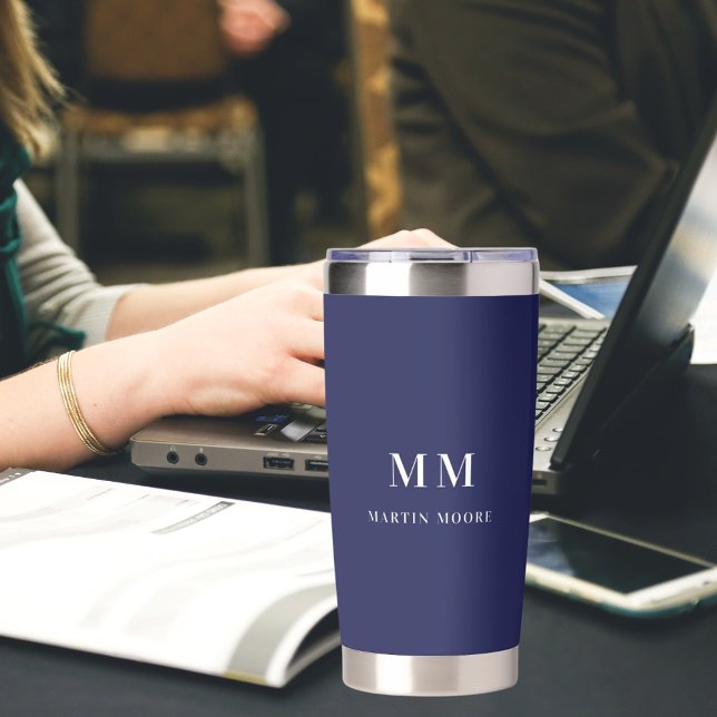 Name der dunkelblauen Monogramm-Initialen Thermobecher (Von Creator hochgeladen)