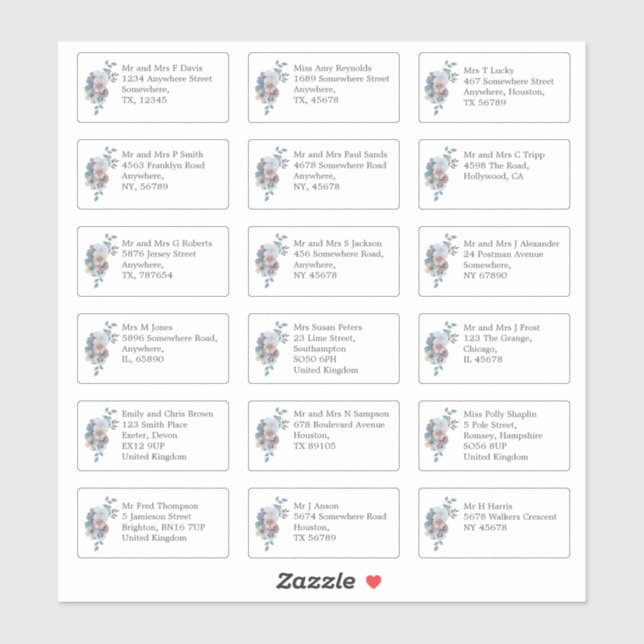Name der einzelnen Hochzeitsgäste Anschrift Blue F Aufkleber (Blatt)