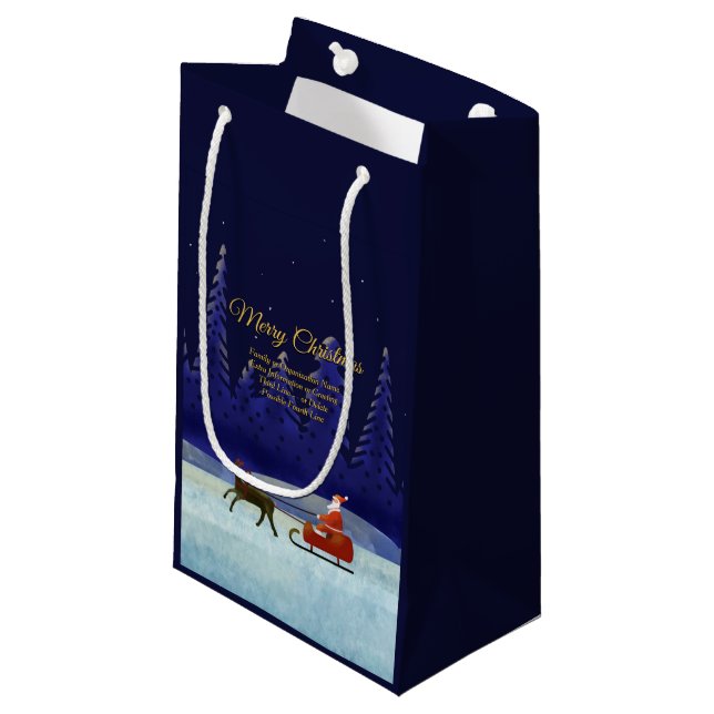 Name der Familie / Organisation Blau hinzufügen +  Kleine Geschenktüte (Vorderseite Schrägansicht)