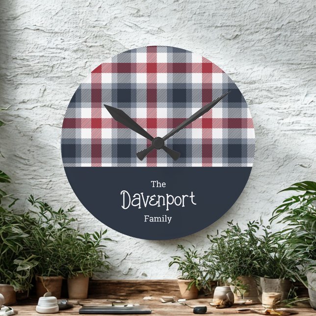 Name der Familie Red White und Blue Tartan Runde Wanduhr (Von Creator hochgeladen)