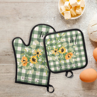 Name der floralen Retro-Küche Monogramm kariert Ofenhandschuh & Topflappen-Set