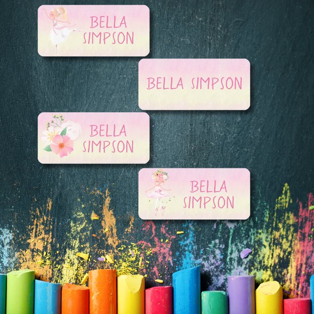 Name der gelb/rosa ballerina wasserdichten Kleidun Etiketten (Yellow/pink ballerina waterproof clothing name labels)