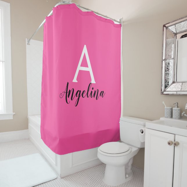 Name der Girl Hot Pink White & Black Monogram Duschvorhang (Beispiel)