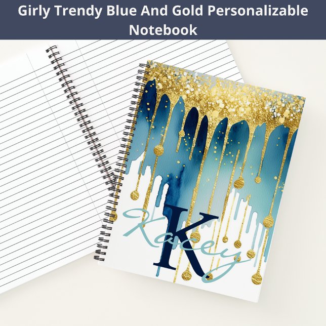 Name der Girl-Monogram-Blauer Glitzer Notizbuch (Von Creator hochgeladen)
