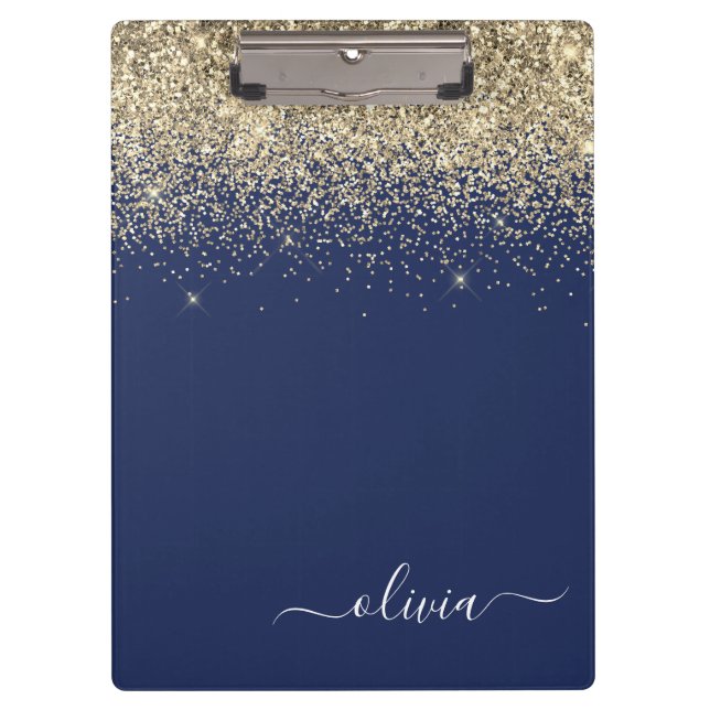 Name der Girl Monogram, Navy Blue Gold Glitzer Klemmbrett (Vorderseite)