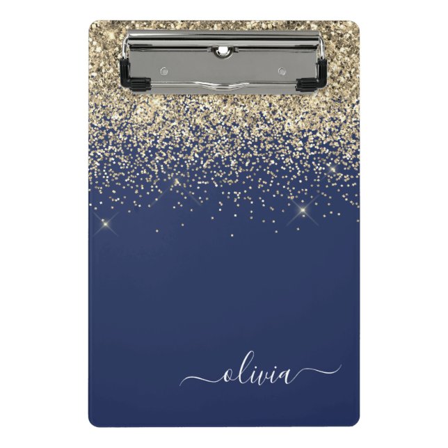 Name der Girl Monogram, Navy Blue Gold Glitzer Mini Klemmbrett (Vorderseite)