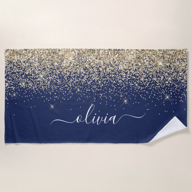 Name der Girl Monogram, Navy Blue Gold Glitzer Strandtuch (Vorderseite)