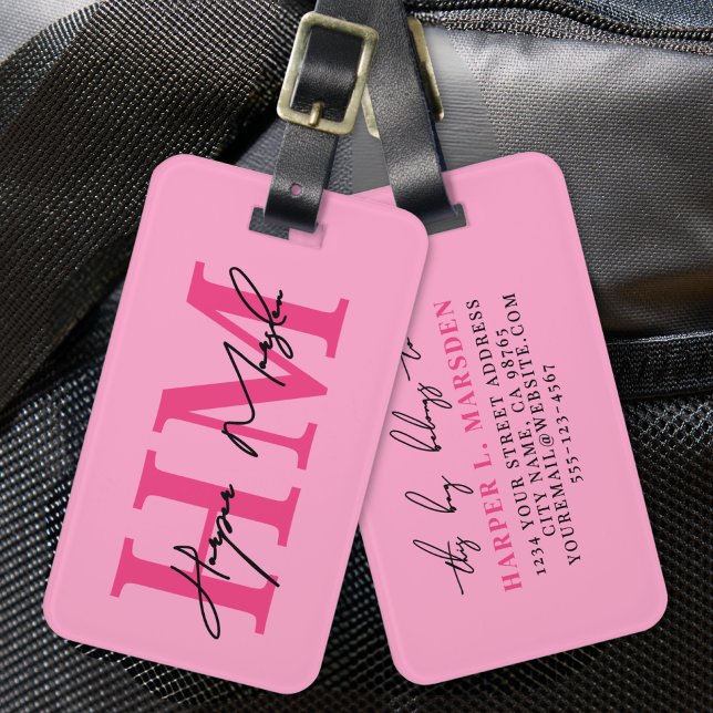 Name der Girl-Monogramm-heiße Pink Gepäckanhänger (Hot Pink Girly Monogram Name Luggage Tag)