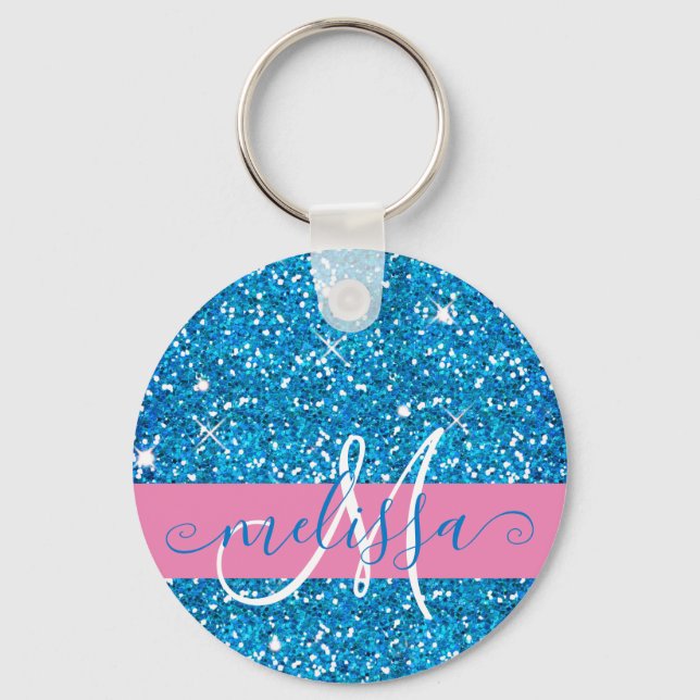 Name der Girl Pink Blue Glitzer Glitzern Monogram Schlüsselanhänger (Vorderseite)