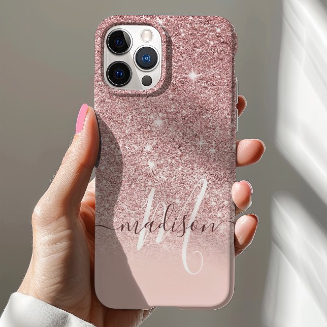 Name der Girl-Rose-Gold-Glitzer-Monogramm Case-Mate iPhone Hülle (Von Creator hochgeladen)