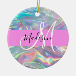 Name der Girly Rainbow Holographic Iridesgram Mono Keramik Ornament