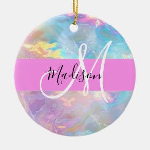 Name der Girly Rainbow Holographic Iridesgram Mono Keramik Ornament