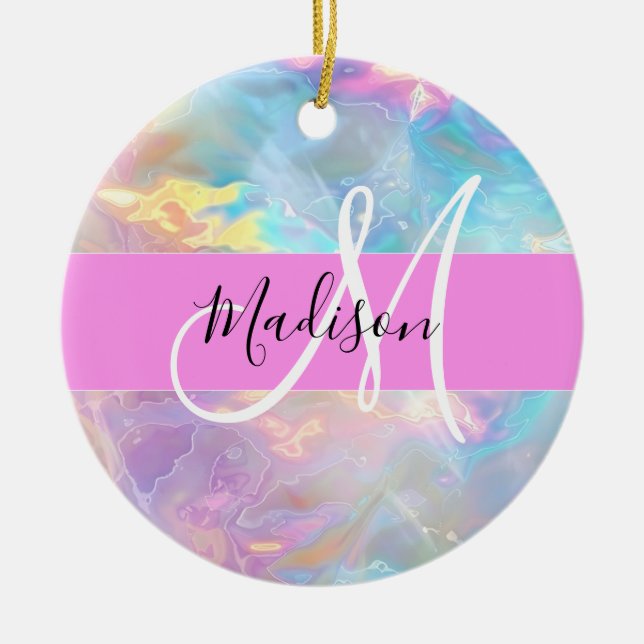 Name der Girly Rainbow Holographic Iridesgram Mono Keramik Ornament (Vorne)