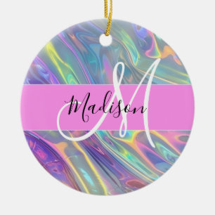 Name der Girly Rainbow Holographic Iridesgram Mono Keramik Ornament