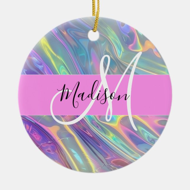 Name der Girly Rainbow Holographic Iridesgram Mono Keramik Ornament (Vorne)