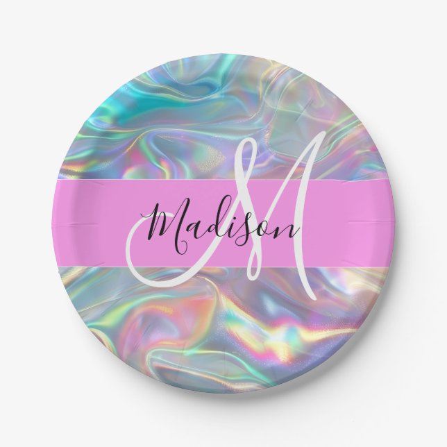 Name der Girly Rainbow Holographic Iridesgram Mono Pappteller (Vorderseite)